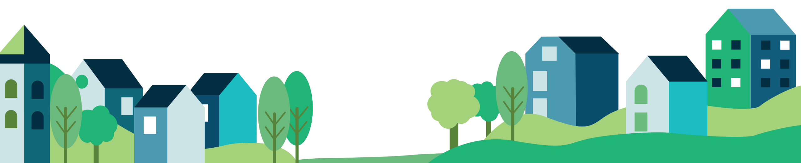 Illustration of houses with trees.