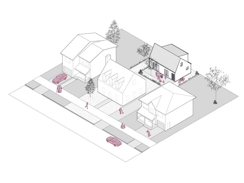 Site Plan rendering showing possible layout of a property with ADU Design #2.